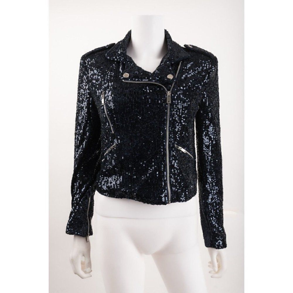 Generation Love Womens Robin Moto Jacket Sequined Blazer Size S Navy Blue NWT
